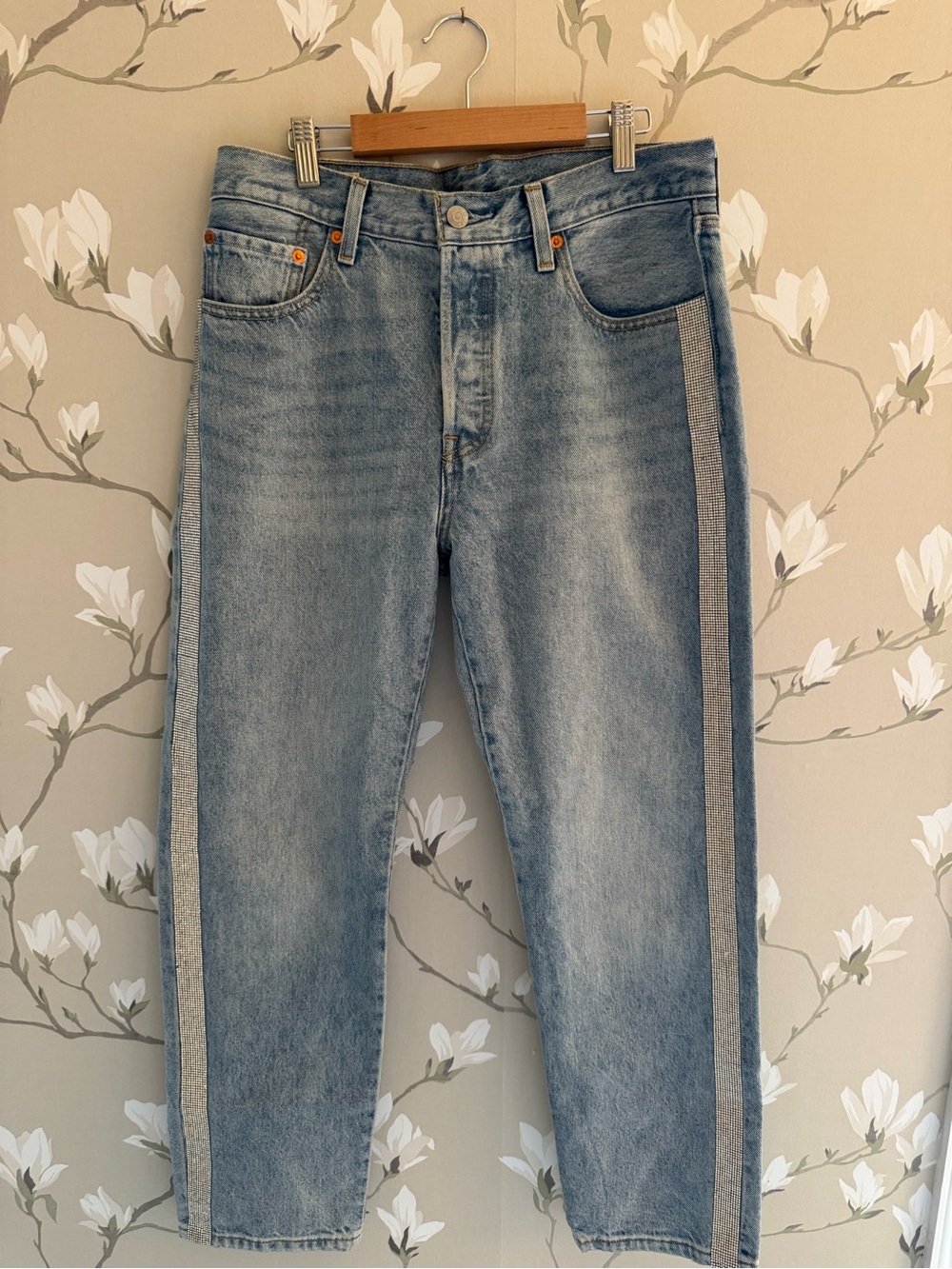 Levi's Premium Light Blue Straight Leg Jeans with Rhinestone Side Stripe